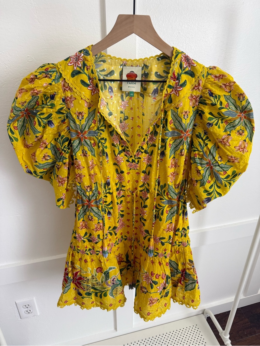 Farm Rio Delicate Flowers Cotton Yellow Mini Dress